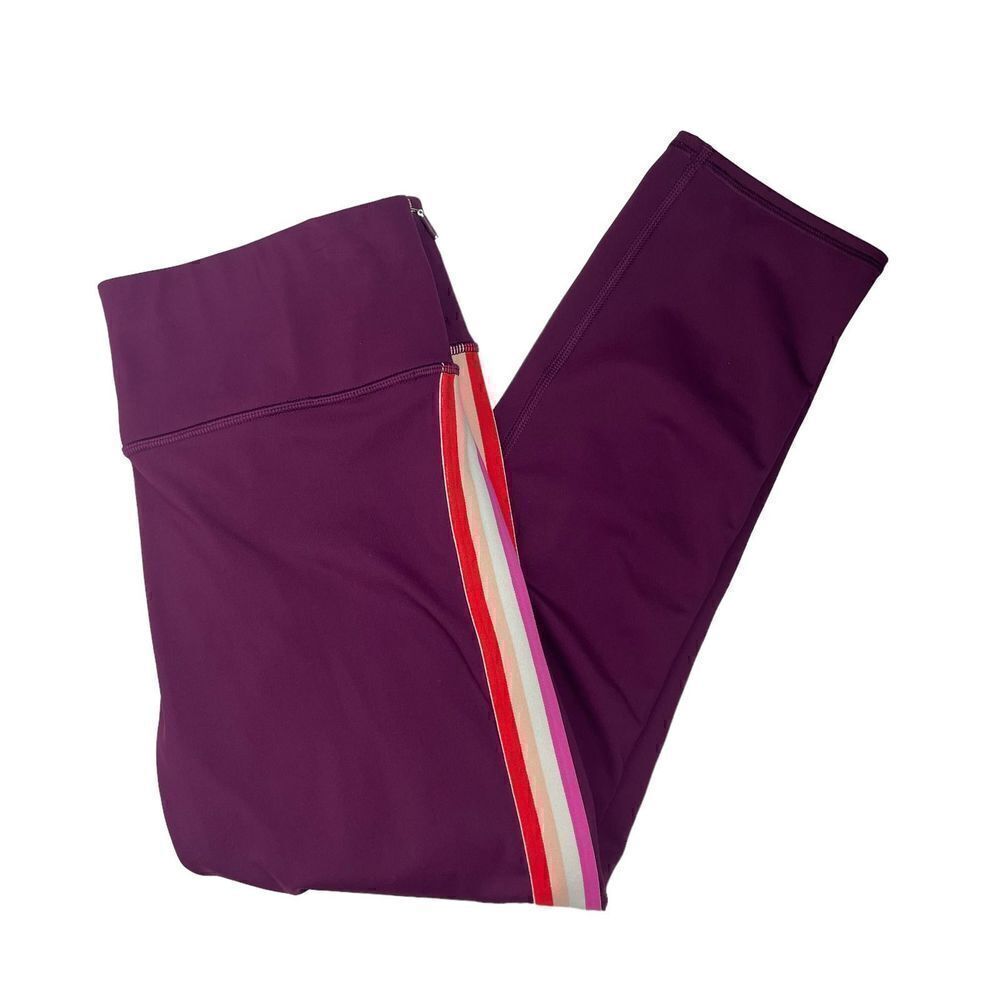 Athleta Magenta Pink Hot Pink‎ White Banded Stripe Pockets Cropped Leggings Sz S